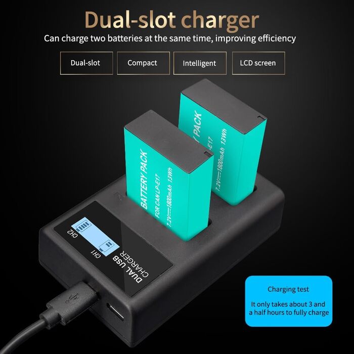 CITYORK 2 шт. акумулятори LP-E17 1800mAh + Dual USB зарядний пристрій для Canon EOS R10, R8, RP, R50, R100, 200D, 77D, 750D, 760D, 800D, 8000D, M3, M5, M6, Rebel SL2, SL3, T6i, T6s, T7i