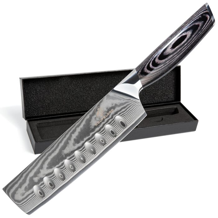 Ніж кухонний Wolfblood PRO Nakiri Damast XL 31 см, сталь Дамаск 67 шарів, 62 HRC, дерев'яна ручка, подарункова коробка