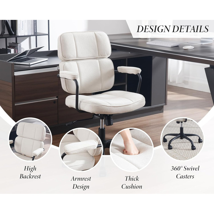 Крісло офісне, комп'ютерне, для дому, з регулюванням висоти, 360° обертання, з підлокітниками, з екошкіри, бежеве