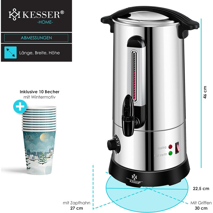 KESSER® 10L Stainless Steel Mulled Wine Warmer. Includes 10 Cups. Mulled Wine Cooker with Thermostat, Mulled Wine Dispenser, Hot Beverage Dispenser, Kettle, Hot Water Dispenser, Canning Device, Level Indicator, Tap.