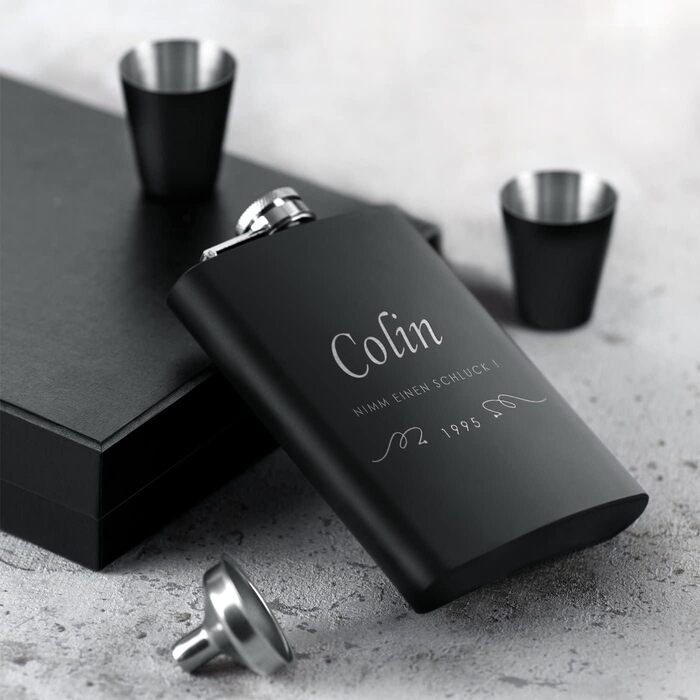 Набір Maverton Flachmann Set: фляга 200 мл з гравіюванням + 4 склянки для шнапсу 20 мл та воронка - фляга для чоловіків, матовий чорний колір