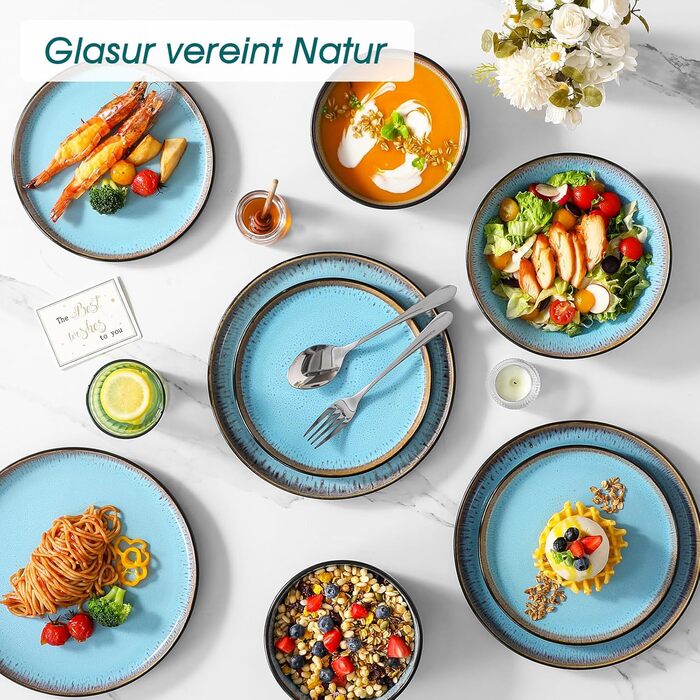 Набір посуду Steingut 24 штуки Vancasso AMBER: тарілки, супові тарілки, десертні тарілки, миски, реактивна глазур, морський блакитний, для 6 осіб, стійкий до миття в посудомийній машині