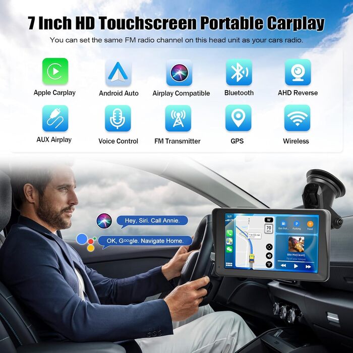 Автомобільна навігація CAMECHO 2025 з 7'' HD дисплеєм, бездротовим CarPlay та Android Auto, Bluetooth, FM-трансмітером, AirPlay, AUX, кріпленням на панель, камерою заднього виду, 64ГБ TF-карта