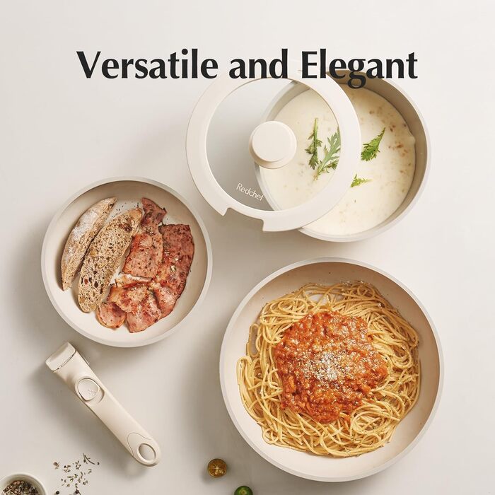 Набір посуду Redchef 16 предметів: каструлі та сковорідки з керамічним антипригарним покриттям, без PFAS, PFOA та PTFE. Підходить для кемпінгу, приготування їжі в духовці, бежевий колір.