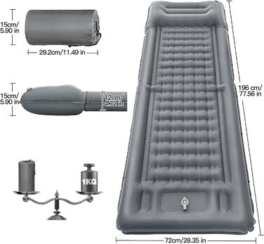 NHOWIN Self-Inflating Camping Mat - 12cm Thick, Ultralight with Pillow & Foot Pump - Compact, Waterproof, Anti-Ripstop Mat for Outdoor, Backpacking, Hiking