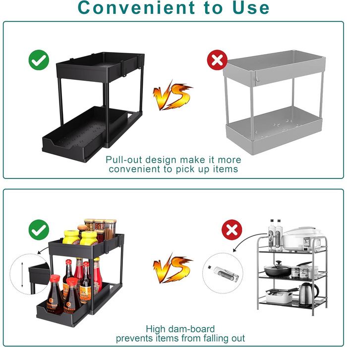 DEKAVA Kitchen Organizer, 2 Under Sink Shelf, Closet Kitchen Organizer with 4 Hooks, Closet Basket for Kitchen, Bathroom, Cleaning Supplies, Detergent (Black)