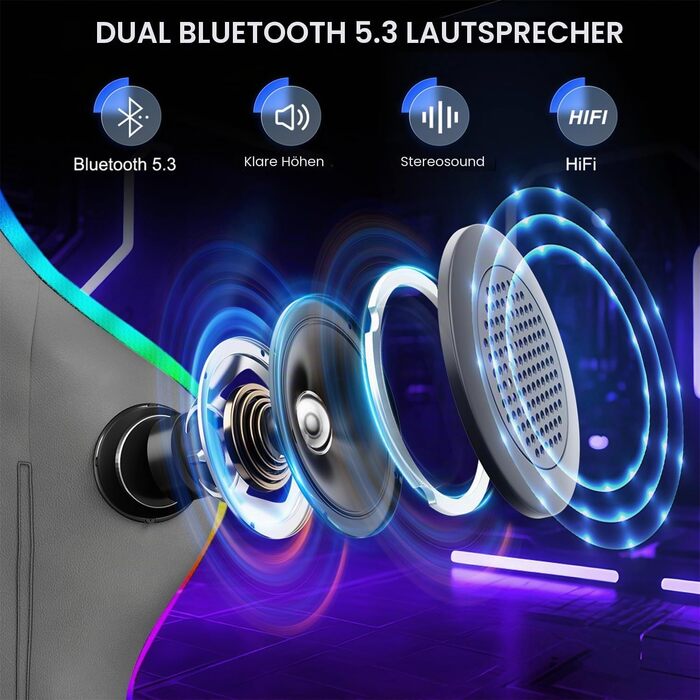 Ігрове крісло Racingreat RGB LED з підсвіткою, підніжкою та Bluetooth, сіро-чорне