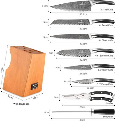 NANFANG BROTHERS 18-Piece Damascus Kitchen Knife Set with Hammered Handles & Wooden Block - Premium Quality