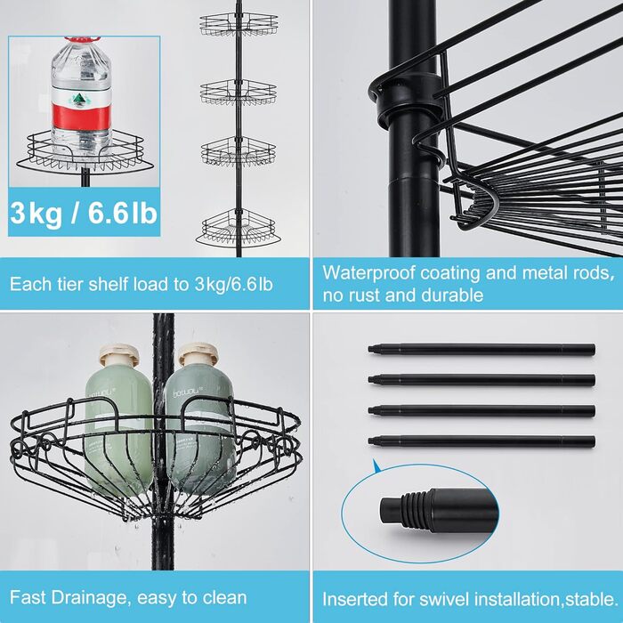 DUFU Поличка для душу та ванни кутова металева з 4 кошиками, регульована висота 73-265 см, чорна
