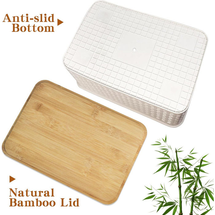 Storage Box with Bamboo Lid Small 3 Pieces 5L Storage Box Bathroom Box with Lid Bathroom Organizer 25x18x10cm Plastic Box Kitchen Storage Boxes Baskets Containers Stackable Boxes (White)