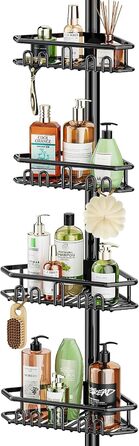 Bomclap Telescopic Shower Shelf, Metal Telescopic Rod Corner Shower Shelf with 4 Baskets, Telescopic Shelf Bathroom Shower Rack without Drilling for Bathtub and Bathroom, Height Adjustable 157-290cm, Black