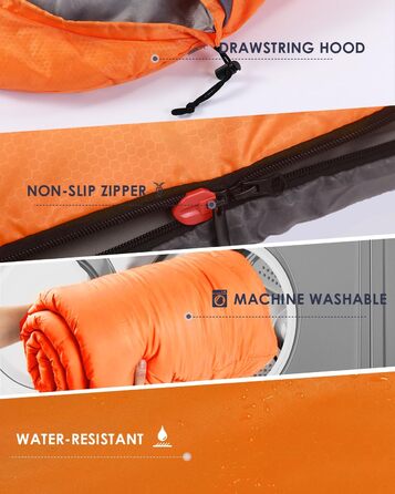 Lightweight Waterproof Sleeping Bag for Adults - Cold Weather Camping & Hiking - Orange