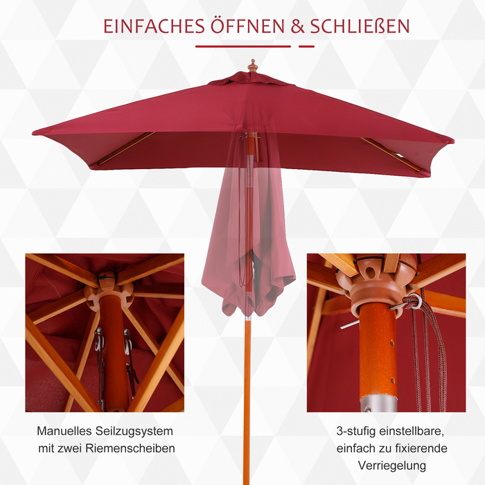 Outsunny Canopy Umbrella, Balcony Parasol made of Fir Wood, 3-Level Adjustable, Burgundy, 200x150x230cm for Garden & Terrace