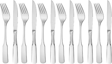 GRÄWE Steak Set for 6 People, Flatware Set 12-Piece, Dinnerware Set including Steak Knives, Steak Forks, Pizza Cutlery Stainless Steel 18/10, Polished, Dishwasher Safe, Spaten Series