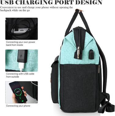 Жіночий рюкзак для ноутбука 15.6 дюймів, шкільний/робочий рюкзак з USB-портом, для подорожей, кемпінгу, навчання, зелений