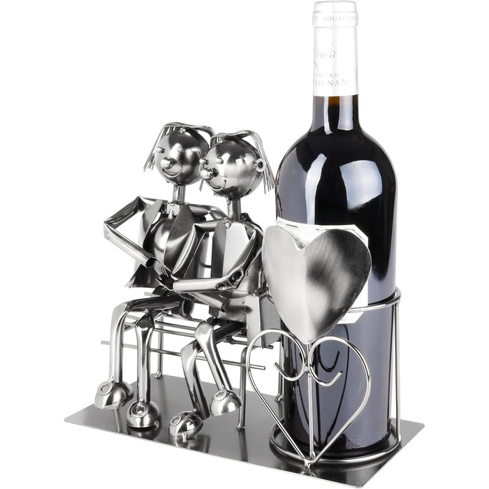 BRUBAKER Bottle Holder Men Loving Couple on Bench - Wine Bottle Holder Man + Man Silver - Bottle Stand Metal Figure Love - Metal Sculpture Gift for Married Couples with Gift Card