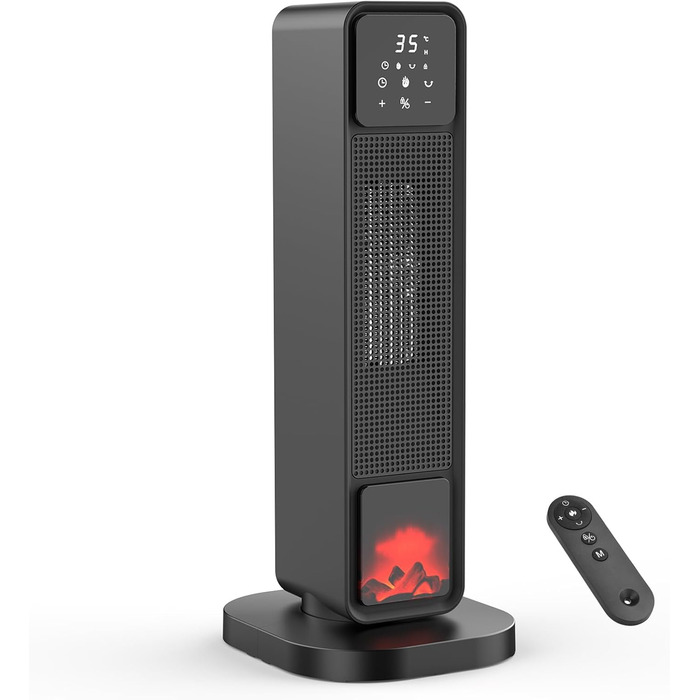 Ефективний енергозберігаючий обігрівач, 1500W PTC кераміка, 34 dB, термостат, таймер 12 год, захист від перегріву та перекидання, з пульт дистанційного керування (матовий чорний)