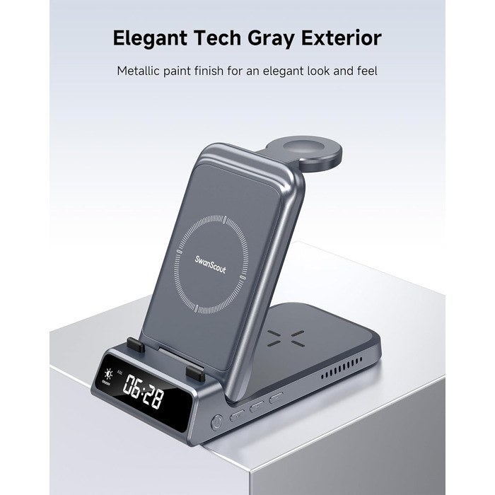 Бездротова зарядка 3-в-1 SwanScout 703A для iPhone 17/16/15/14/13/12, Apple Watch 11/10/9/8/7/Ultra та AirPods Pro 3 (Tech Grey)