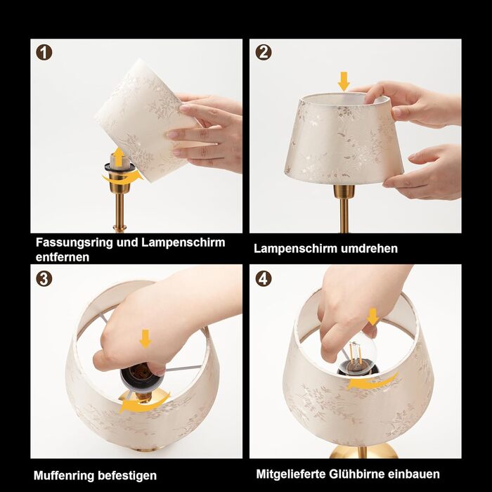 Настільна лампа OCEST на акумуляторі, сенсорне керування, регульована яскравість, для дому, кухні, тераси, їдальні (античне латунь-лінолеум), плафон з шовку 35,5 см