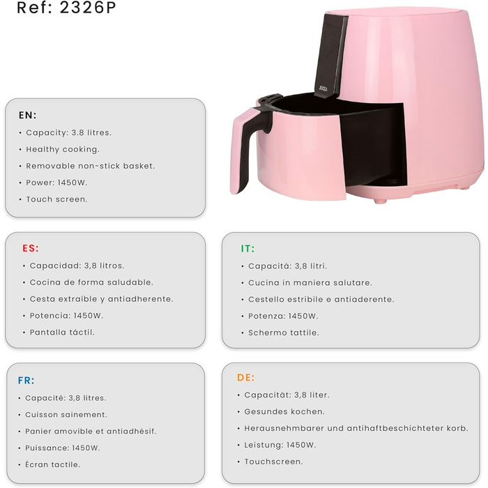JOCCA аерофритюрниця 3,8 л, без олії, 1450 Вт, LED сенсор, енергозберігаюча, рожева