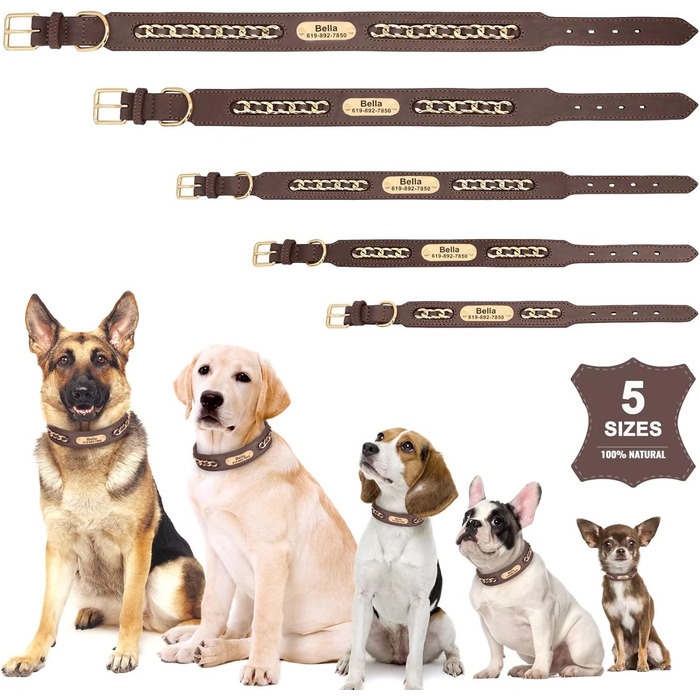 Нашийник для собак Didog з натуральної шкіри, плетений, з персоналізованою гравіюваною табличкою, регульований, міцний, чорний, розмір L (17.0-20.0 см, ширина 3.2 см)