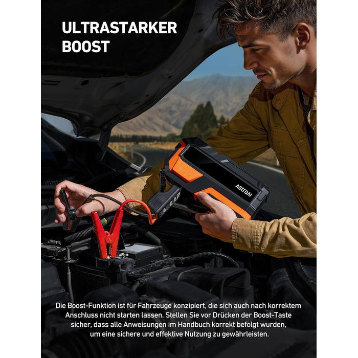 AstroAI MF16 6000A Powerbank для старту авто з компресором 150 PSI, 6000A, 12V, для бензинових/дизельних авто, мотоциклів, SUV, з LED-дисплеєм, помаранчевий