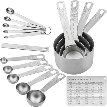 Smithcraft Measuring Cup and Spoon 16-Piece Set, 18/8 Stainless Steel, 4 Cups + 10 Spoons + 1 Leveler + 1 Equivalent, Silver