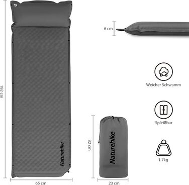 Кемпінговий килимок Naturehike з самонадувною подушкою, 6 см, сірий. Підходить для кемпінгу, подорожей з рюкзаком та автотуризму