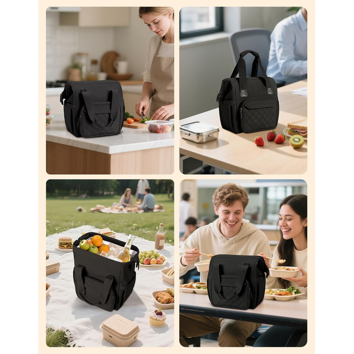 Чохол-холодильник 20 л, чорний: ізольована сумка-ланчбокс з PEVA-підкладкою, водонепроникна, з кількома відділеннями та плечовим ременем – для роботи, школи, авто, пікніка
