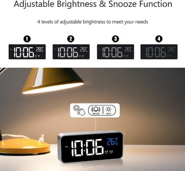 Цифровий годинник MOSUO з LED-дисплеєм, USB-зарядка, показник температури, голосове керування, 2 будильники, регулювання яскравості та гучності, срібний