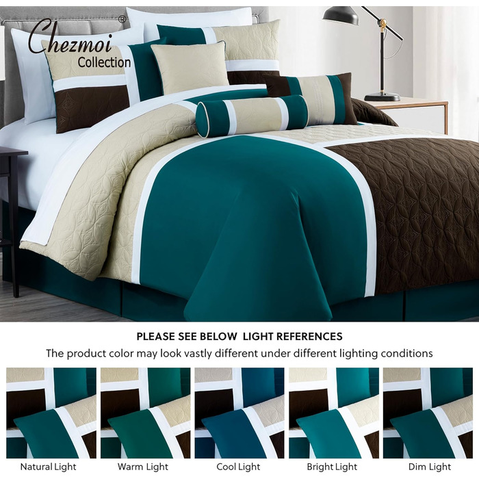 Комплект постільної білизни Chezmoi Collection Upland 7-piece, Patchwork Design, розмір King (Oversized), блакитно-зелений/бежевий/коричневий