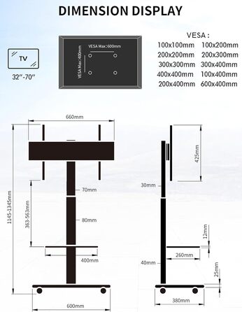 Підставка для телевізора Stellar на коліщатках з полицею, біла. Регульована висота, поворотна. Для телевізорів 32-70 дюймів, до 45 кг, VESA до 600x400