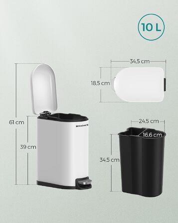 Сміттєвий кошик для ванної кімнати SONGMICS ISLAND LTB10WT, 10 л, з кришкою та системою Soft-Close, сталевий, білий