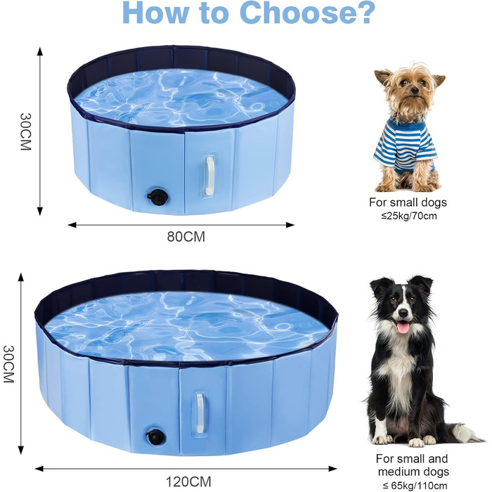 Басейн для собак DEWEL, складаний, 80x30 см, блакитний, з ручкою та щіткою для догляду
