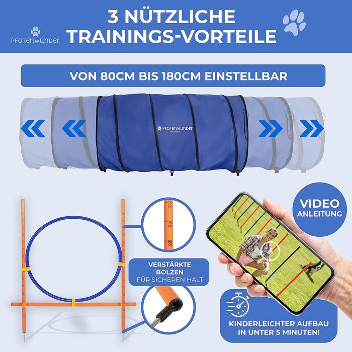 Набір для аджиліті для собак PfotenWunder® '9-in-1: 6 шлагбаумів, тунель, кільце, 1 перешкода. Для великих і малих собак. Тренування, спорт, ігри. Комплектація M-Set: шлагбаум, перешкода, кільце, тунель.