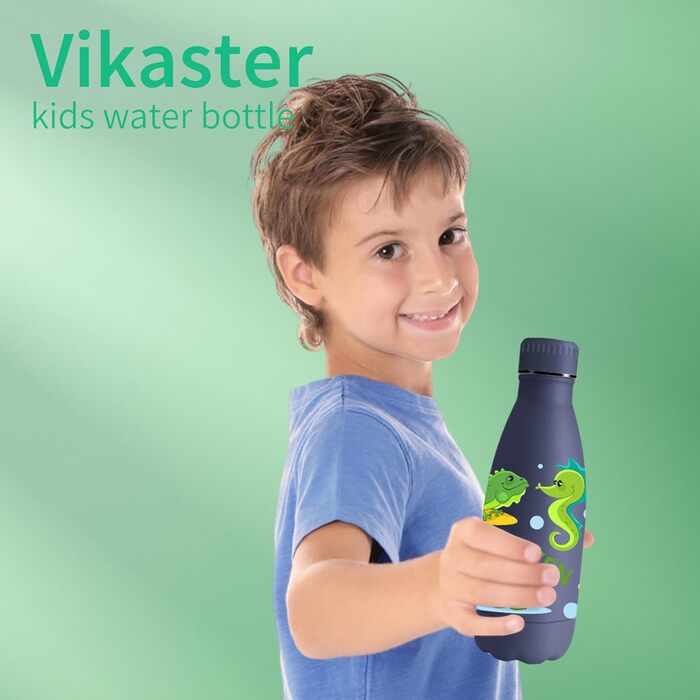 Термос Vikaster 500 мл, термофляга з нержавіючої сталі, без BPA, не протікає, багаторазовий. Ідеально для велосипеда, кемпінгу, йоги, спортзалу, фітнесу, школи, подорожей, активного відпочинку. (350 мл, Темно-синій, Динозавр)