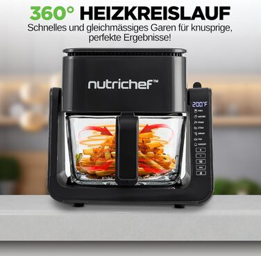 Фритюрниця NutriChef з гарячим повітрям, XXL 8л, подвійна камера, вікно огляду, max 360°C, 9 програм, антипригарне покриття, можна мити в посудомийній машині, безжирова фритюрниця, гриль, випічка, 1700W (4л - чорний)