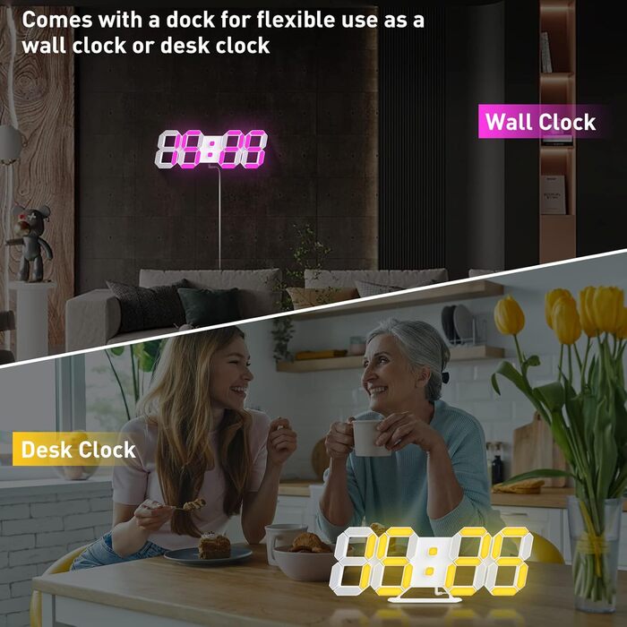 EDUP HOME 3D LED Alarm Clock Digital, 9.7 Inch 7 Colors Silent Snooze USB 12/24 Hour Date Temperature with RGB, APP Control and Remote Control Clock for Bedroom/Living Room/Office