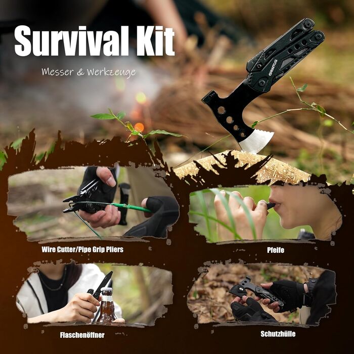 Мультитул 16в1 для чоловіків: набір для кемпінгу, виживання, подарунок на День батька. З сокирою, молотком, плоскогубцями, пилкою, викрутками, відкривачкою для пляшок та ін. Чорний колір