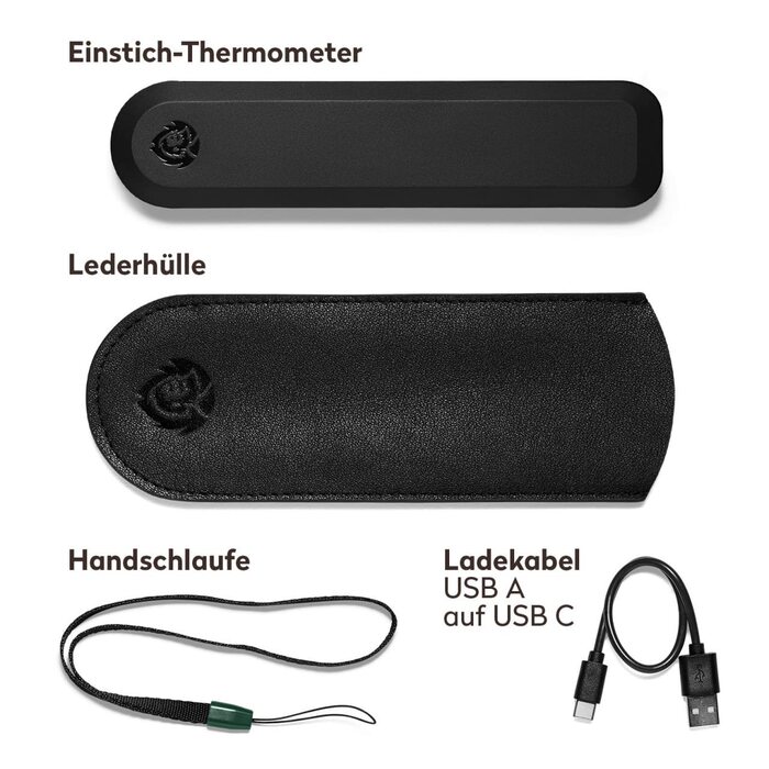 Burnhard Instant-Read Thermometer, Folding, Grill Thermometer + Leather Protective Case, Roast Thermometer, Ultra-Fast Measurement, 1.5mm Probe, 180° Invisible-Off LED Display, USB Rechargeable