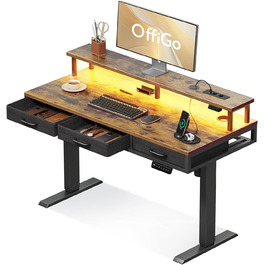OffiGo Electric Standing Desk with Drawers, 120cm Adjustable Height Desk with Monitor Stand, Gaming Desk with Power Outlets & LED Light Bar, Brown Office Desk - 120 x 54cm