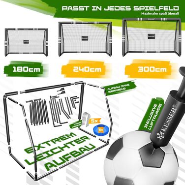 Ворота для футболу KESSER® для саду, міцні, для тренувань та стрільби, з UV-стійкою сіткою, сталевий каркас з підкладкою, земляні кілки, повітряний насос, фішки, аксесуари для монтажу для дітей та дорослих (180см, Чорний)