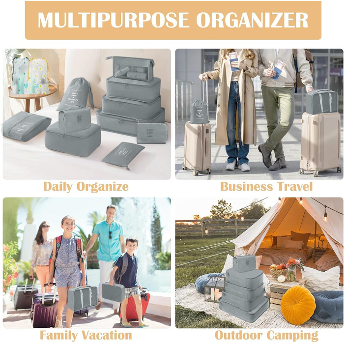 Набір органайзерів для валізи 13 шт., Packing Cubes, водонепроникні органайзери для подорожей та відпустки, дорожній органайзер з прозорими сумками (Сірий)