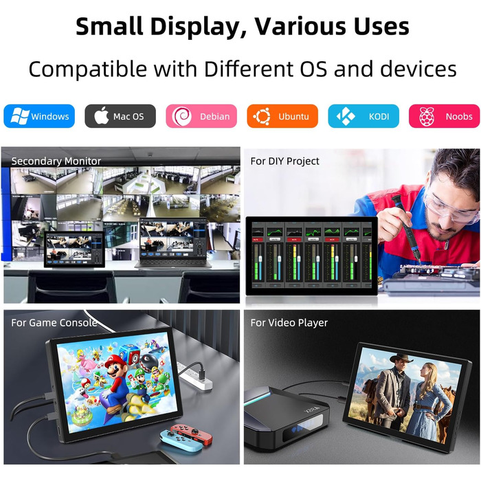 Портативний монітор 10.1 дюйма Full HD IPS LCD екран з HDMI та USB Type C для ноутбука, ПК, PS4/5, Xbox, Rasp Pi (без тачскріну)