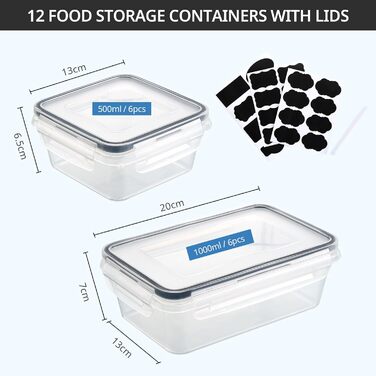Набір контейнерів для їжі Hibisaws 12шт з кришкою, BPA-free, герметичні, прозорі, 6 x 1L та 6 x 0.5L, для зберігання та заморожування