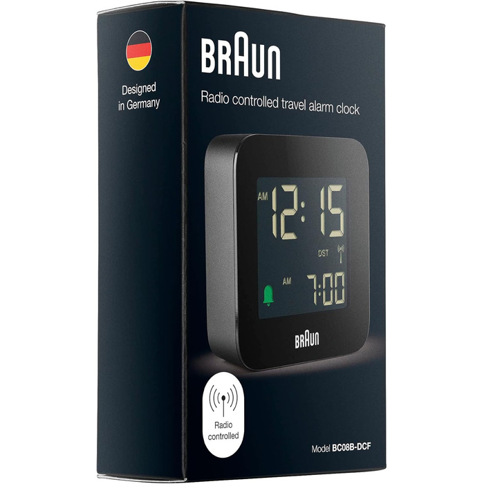 Braun Digital Travel Alarm Clock, Central European Time (CET) zone with snooze function, compact size, negative LC display, crescendo alarm in black, model BC08B-DCF.