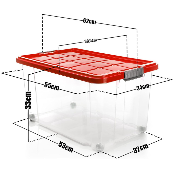 BigDean 4-Piece 60L Storage Box with Lid Large Steel - Stackable, Robust Box, BPA-Free - Rollable Stack Box with Secure Click Closures - Made in Germany (Red Transparent)