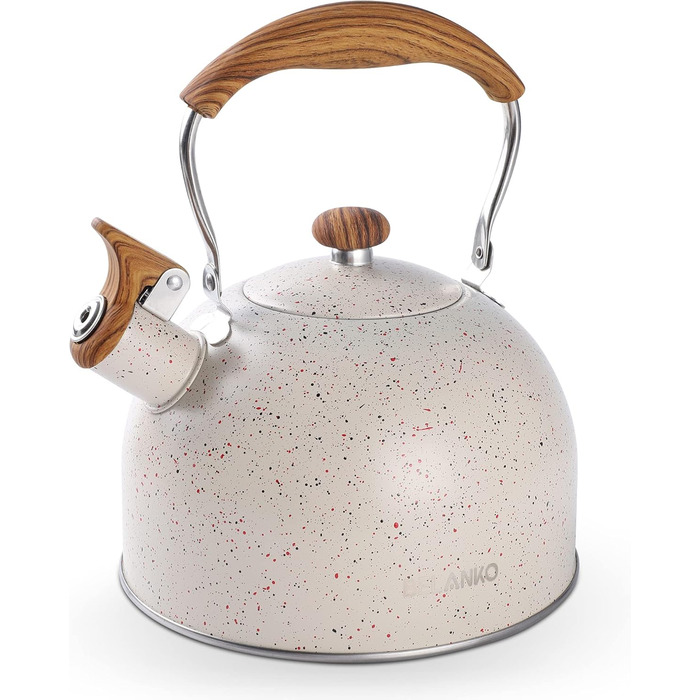 Чайник BELANKO 2,5 л з свистком, нержавіюча сталь, з дерев'ястим декором, складаний ручка, для чаю, кави, молока – блакитний (Starry White)
