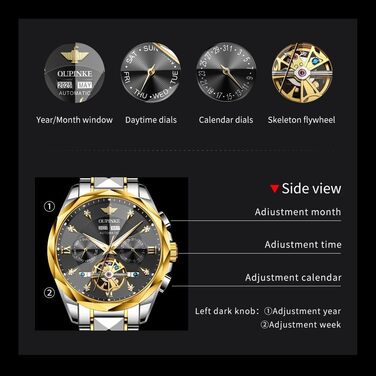 Чоловічий наручний годинник OLEVS G3316: аналоговий, водонепроникний, зі сталевим двоколірним ремінцем, чорним циферблатом, підсвічуванням та календарем