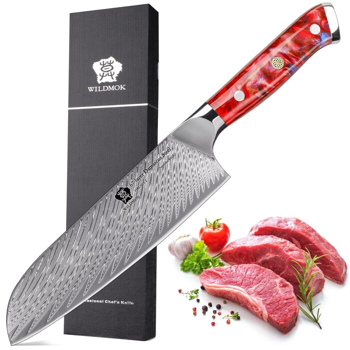 Ніж кухонний WILDMOK Santoku 17 см, професійний японський ніж з дамаської сталі VG10, червона рукоятка